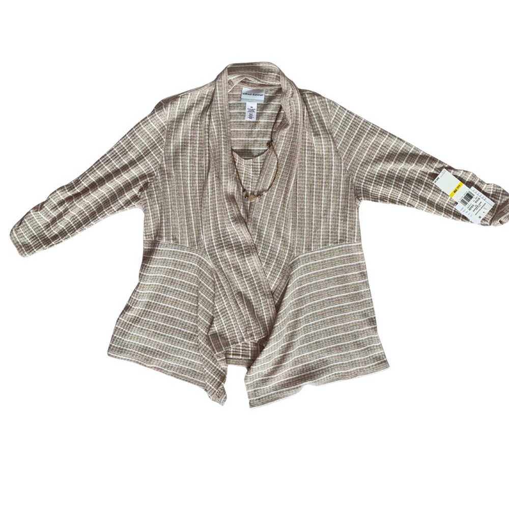 Alfred Dunner Cream White Petite Medium Latte Stripe Twinset Top w/ Necklace NWT - Picture 12 of 12